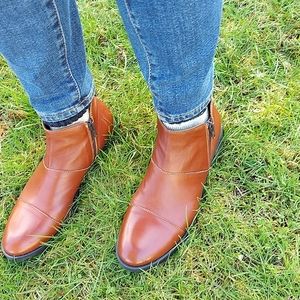 New Italian brown leather woman's low ankle booties with walkable block heel